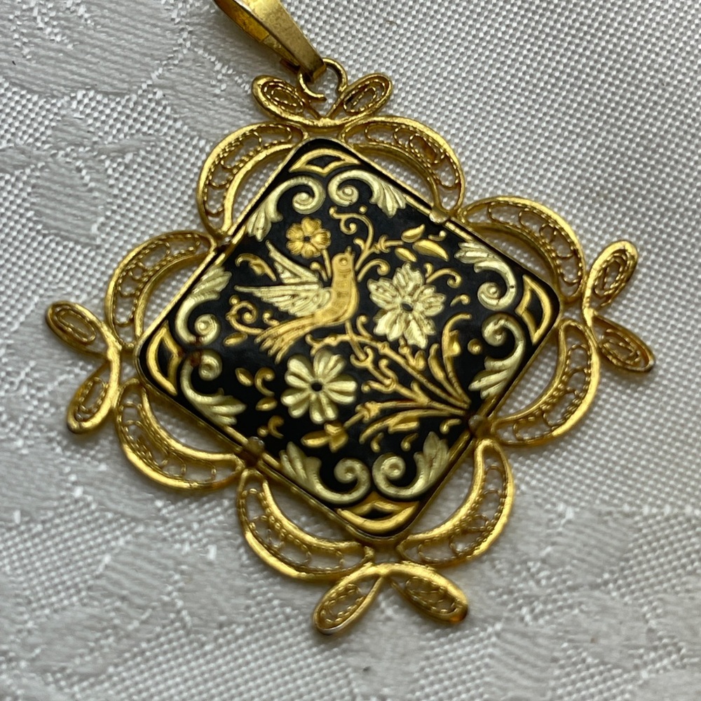 Vintage Damascene Style Bird Floral Pendant Black Gold Tone Filigree Square